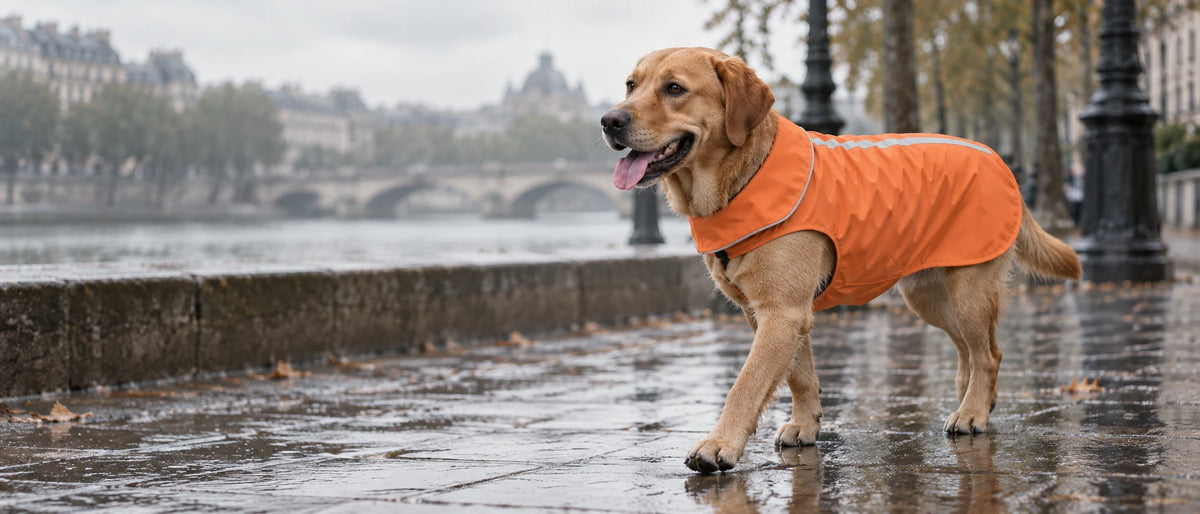 Dog wearing the DEHO Raincoat during a rainy walk